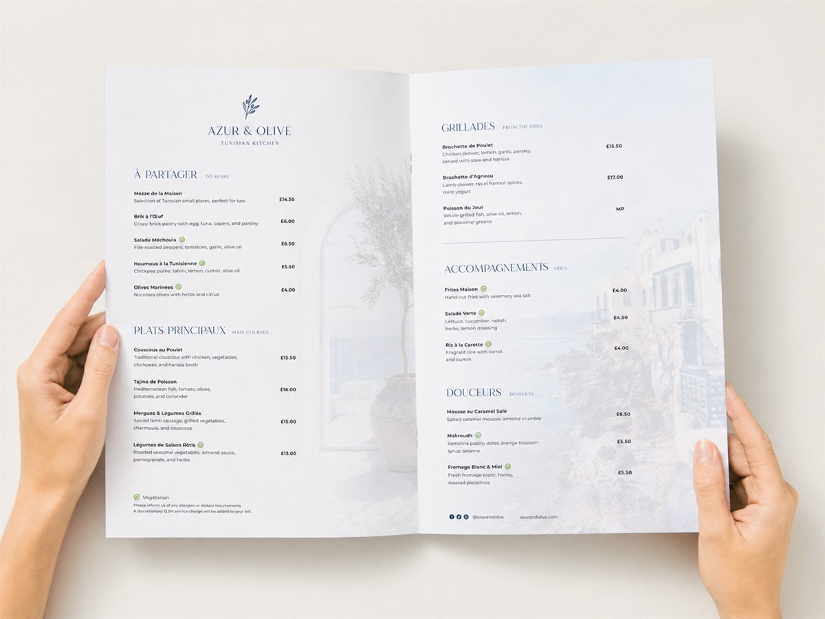 Azur & Olive restaurant menu system spread, designed by studio ezn